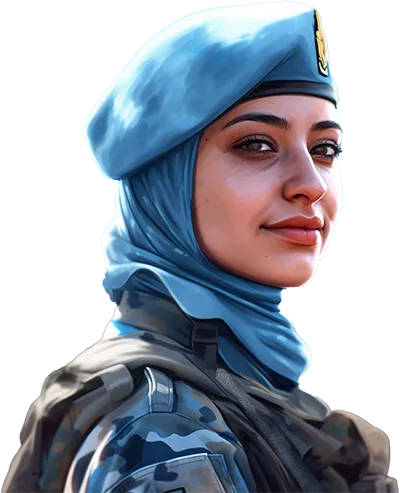An arab woman dressed in a hijab and a United Nations beret and uniform.